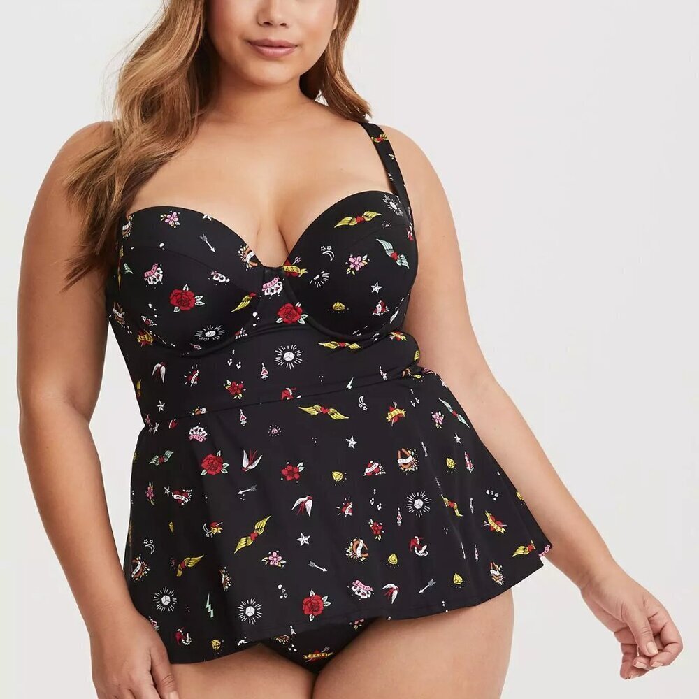Torrid Deep Black Underwire Push-Up Peplum One Piece Swimsuit in Size 6/30